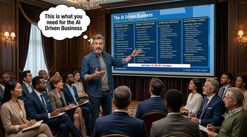 Man pointing to a summary of the entire AI Driven Business stack on screen