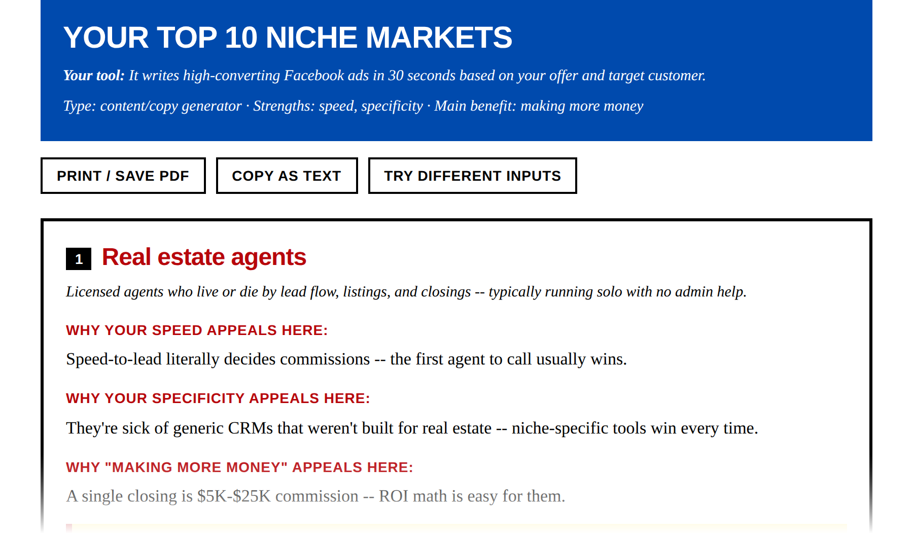 Top 10 niches results report