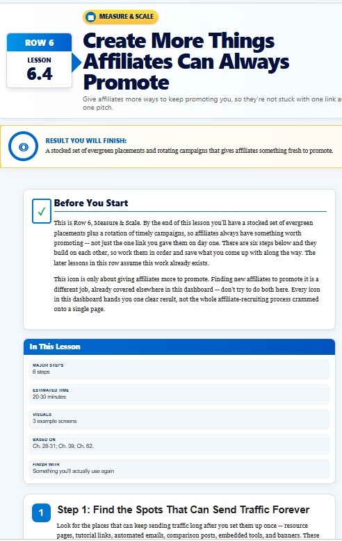 Example lesson screen from the Affiliate Recruiting Dashboard showing numbered steps